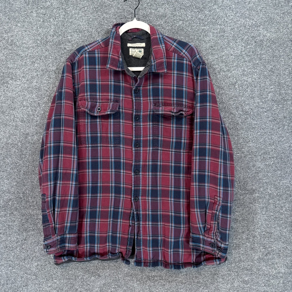 L.L Bean Fleece Lined Flannel Shirt Men XL Burgundy Plaid Outdoor Gorpcore